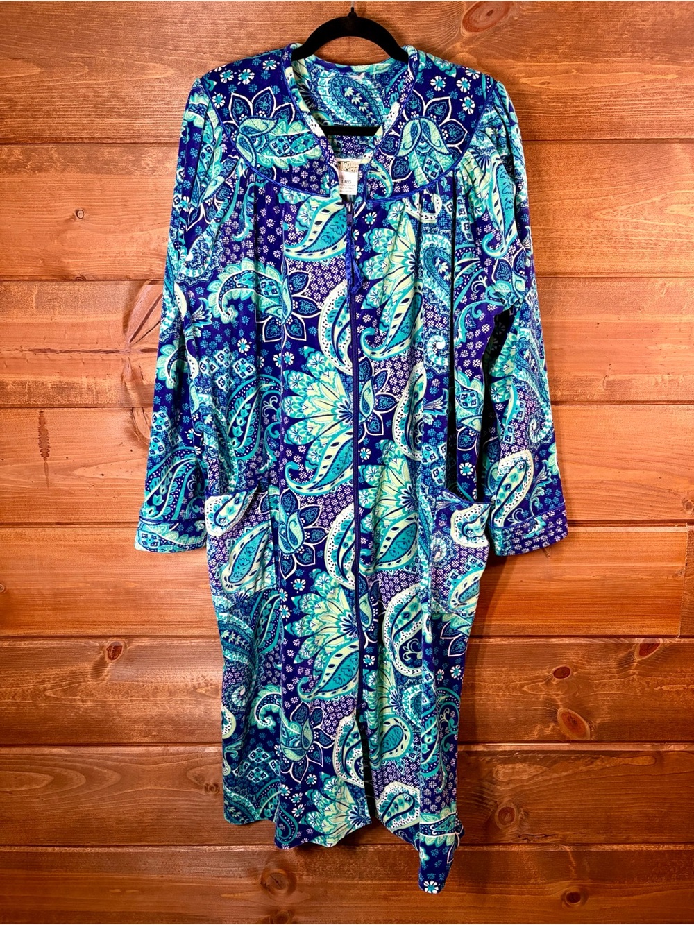 Collections Paisley Print Zip-Front Velour House Dress Nightgown Size Large 💙💚